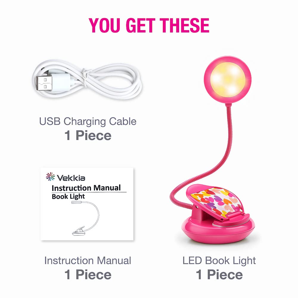 Vekkia Cute Rechargeable Book Light, Eye-Care Clip on Lights for Reading in Bed, 3 Colors & 3 Brightness, 1.8oz Lightweight, Up to 40 Hours Useage, Great Gifts for Kids & Readers (Rose Red)