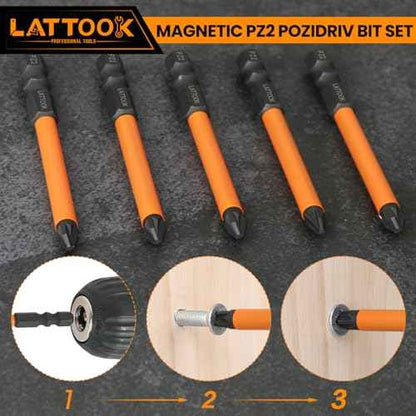 Pozidriv Bit Set, LATTOOK 5-Piece PZ2 Pozi Bit Set, Magnetic S2 Steel Pozidriv Screwdriver, 3'' Long