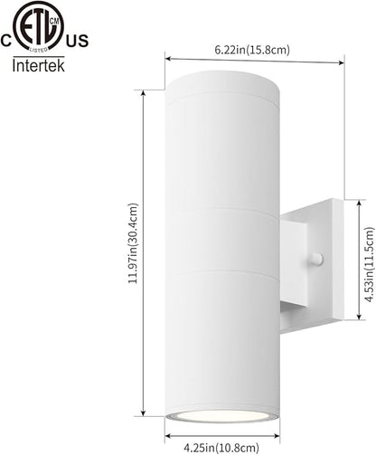 mirrea Modern Outdoor Porch Light Patio Light in 2 Lights with Aluminum Cylinder and Tempered Glass Cover Waterproof Wall Sconce 2 Pack (Matte White)