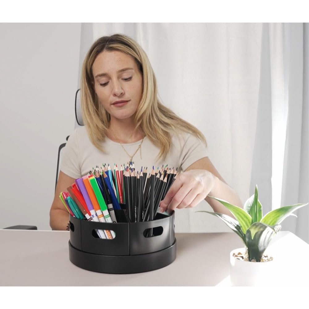 PUZZLE EZ Black Rotating Desk Organizer Lazy Susan Caddies for Home School Office Supplies, Pens, Markers and Art Supplies for Classroom