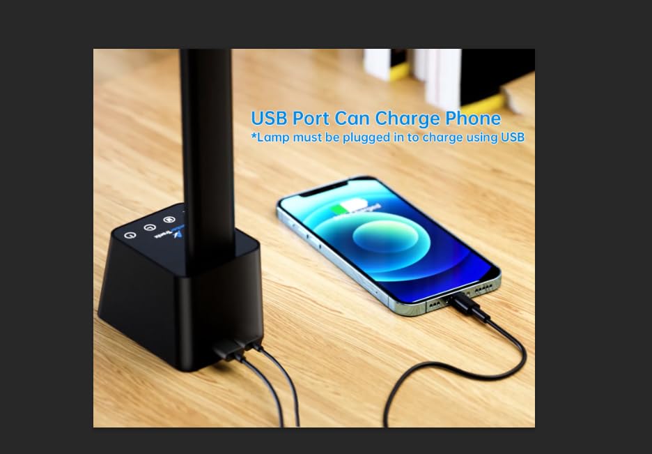 Ambertronix Minimalist LED Desk Lamp, 5 Lighting Modes, USB Charging Port, Aluminum Arms, Portable, Dimmable, Touch Control, Auto Timer, Power Adapter (5V2A) Required and Included.