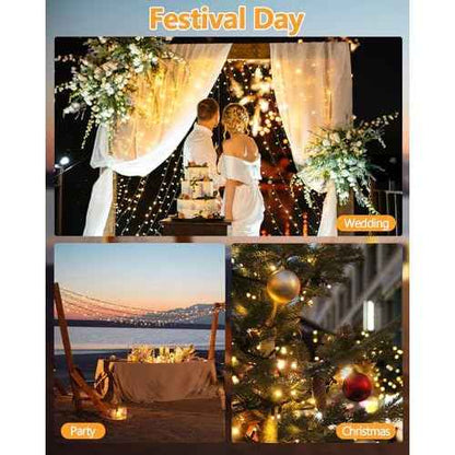 6 Pack Solar Christmas Lights Outdoor Waterproof, 600 LED 198 FT Solar Powered String Lights Outdoor with Green Wire 8 Lighting Modes, Mini LED Xmas Tree Light for Fence Party Decorations, Warm White