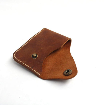 Handmade Genuine Leather Card Holder with Snap Closure - Ultra Slim Minimalist Wallet, Hand-Stitched Compact Front Pocket Card Case for Men & Women (Brown)