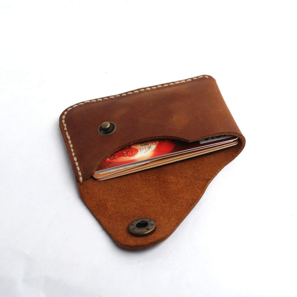 Handmade Genuine Leather Card Holder with Snap Closure - Ultra Slim Minimalist Wallet, Hand-Stitched Compact Front Pocket Card Case for Men & Women (Brown)