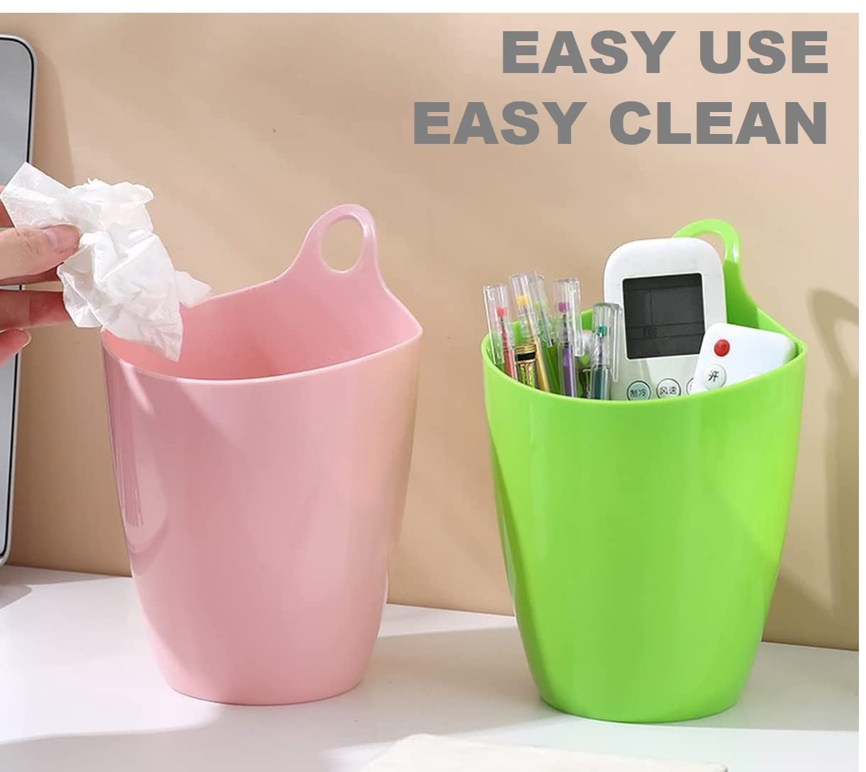 QUALIALL Declutter and Organize with Our Hangable Desktop Trashcan - Small, Multifunctional, and Stylish - Perfect for Makeup Brushes, Lint, and More! Plastic Pink Green White, 3packs