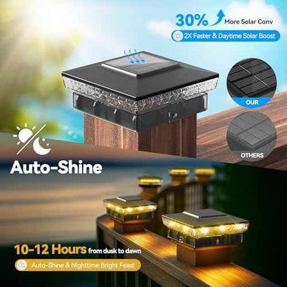 Solar Post Cap Lights, 12-Pack Upgraded Outdoor Deck Fence Post Solar Lights for 4x4 5x5 Wood/Vinyl Posts, IP65 Waterproof, 10-12 Hours Warm/Cool White Glow for Garden/Patio/Porch - Black