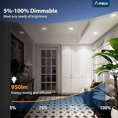Amico 5/6 inch 5CCT LED Recessed Lighting 6 Pack, 12W=100W, 950LM Adjustable Can Lights, 2700K/3000K/4000K/5000K/6000K Selectable, Dimmable, IC & Damp Rated, Retrofit Installation - ETL & FCC