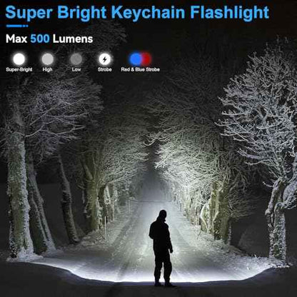EDC Keychain Flashlight Rechargeable, 500 High Lumens Bright Small Flashlights Powerful with 9 Modes & Waterproof, Mini Clip on Pocket Flash light Magnetic for Camping, Fishing, Emergency, 2 Pack