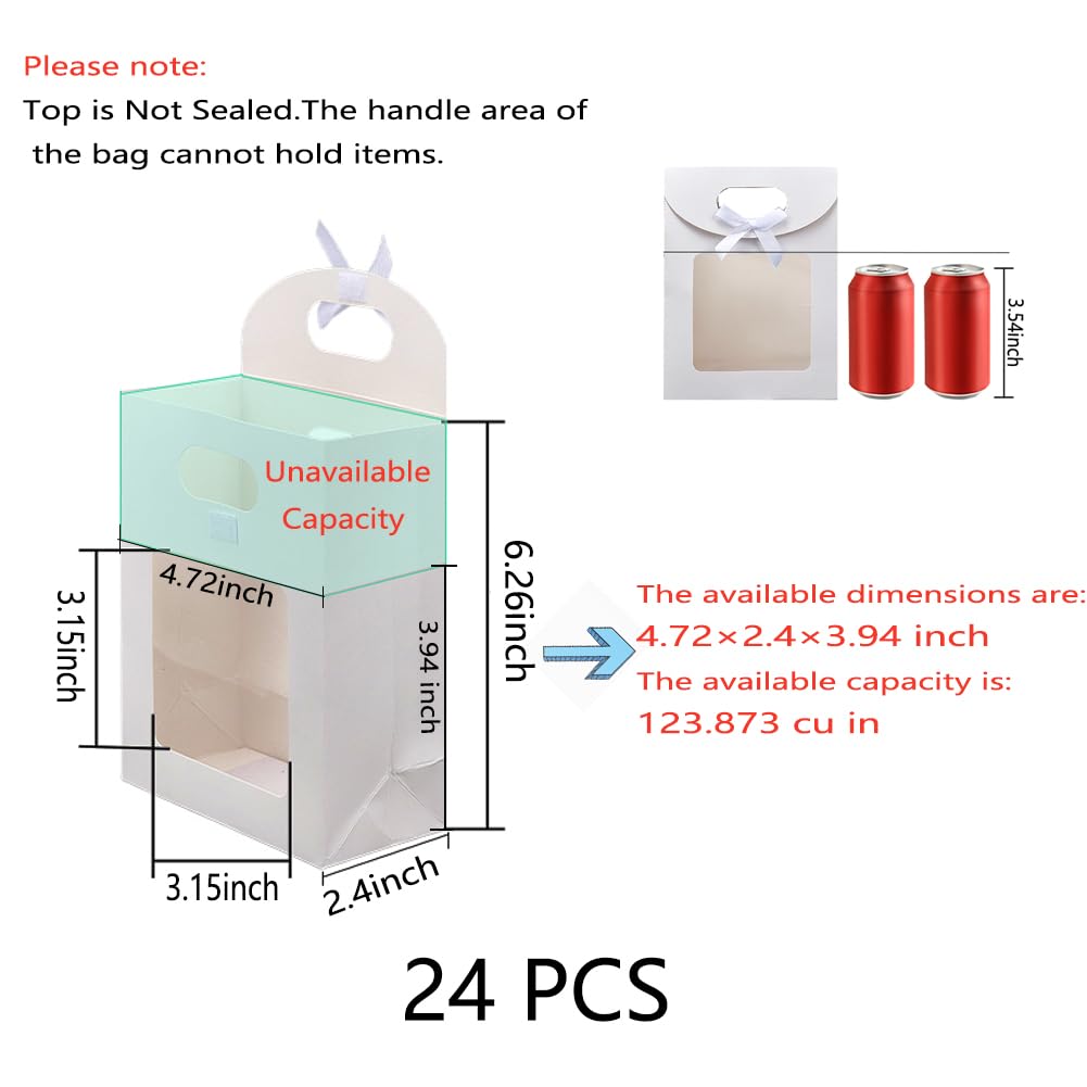 NBEADS 24 Pcs Small White Kraft Paper Bags with Window, 6.3x4.72x2.44inch Stand Up Gift Bag with Handles and Bowknot for Cookies Packaging Wedding Christmas Party Store Retail