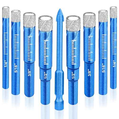 9 Piece Dry Diamond Drill Bits Set, Tile Drill Bits for Glass, Granite, Ceramic, Tile, Quartz Stone, Sizes 1/4" 5/16" 3/8" 1/2", Built-in Solid Cooling Wax, Fast Dry Drilling, Round Shank