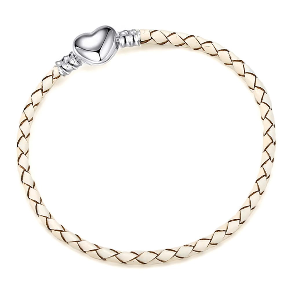 OutstandLong 3mm White Leather Bracelet Heart Barrel Snap Clasp Handmade Braided Wristband for Pandora European Charm Bead DIY Jewelry 21CM