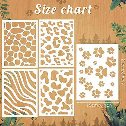 5 Pieces Animal Print Skin Stencil 8 x 6 Inches Leopard Makeup Zebra Painting Stencil Reusable Cheetah Template Plastic Cow Giraffe for Painting on Wall Face Body