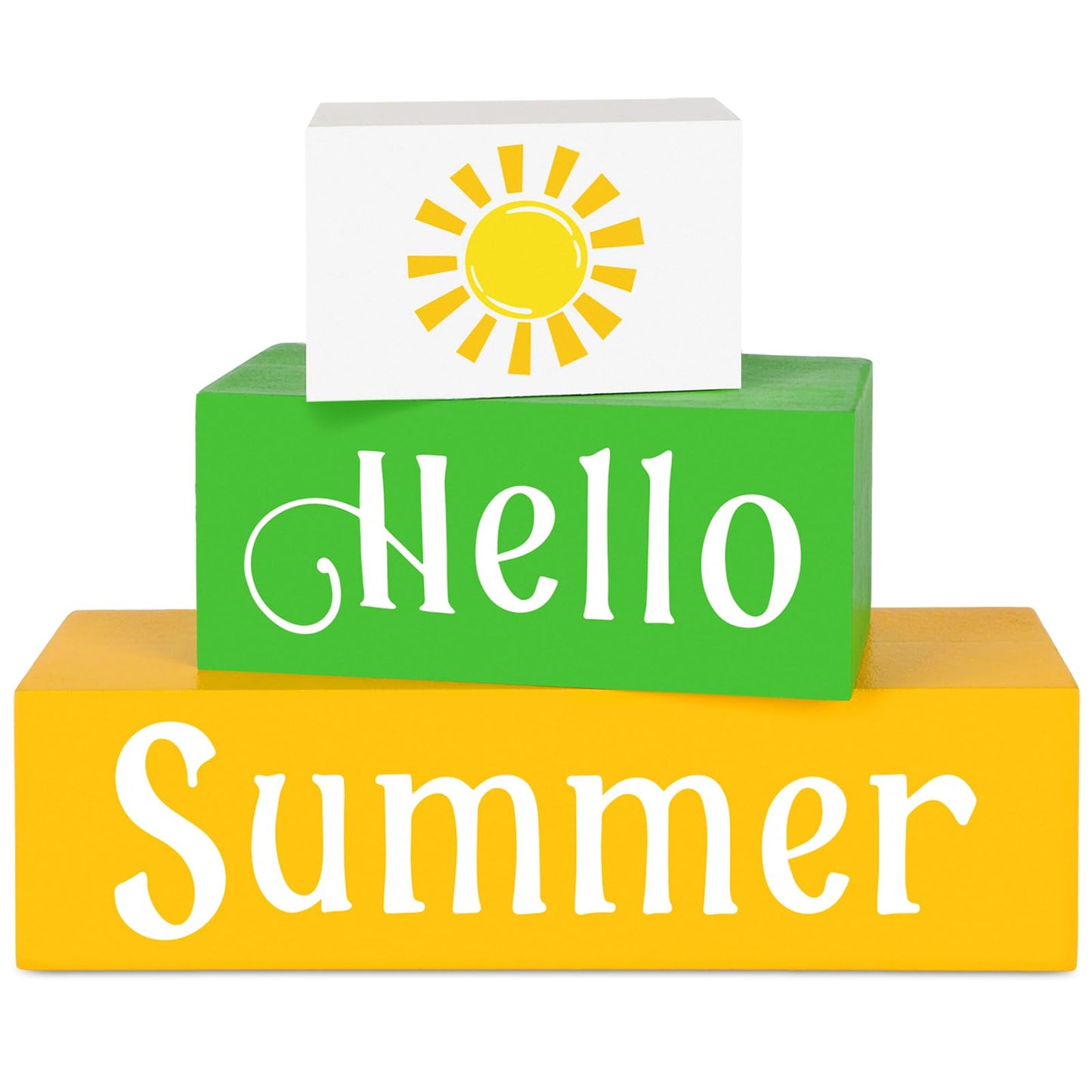 COCHIE Wooden Hello Summer Decorations Table Sign, Sunshine Beach Table Top Centerpiece Blocks Decorations for Home, Office, Mantel, Tabletop, Party, Shelf Set of 3 (Summer)