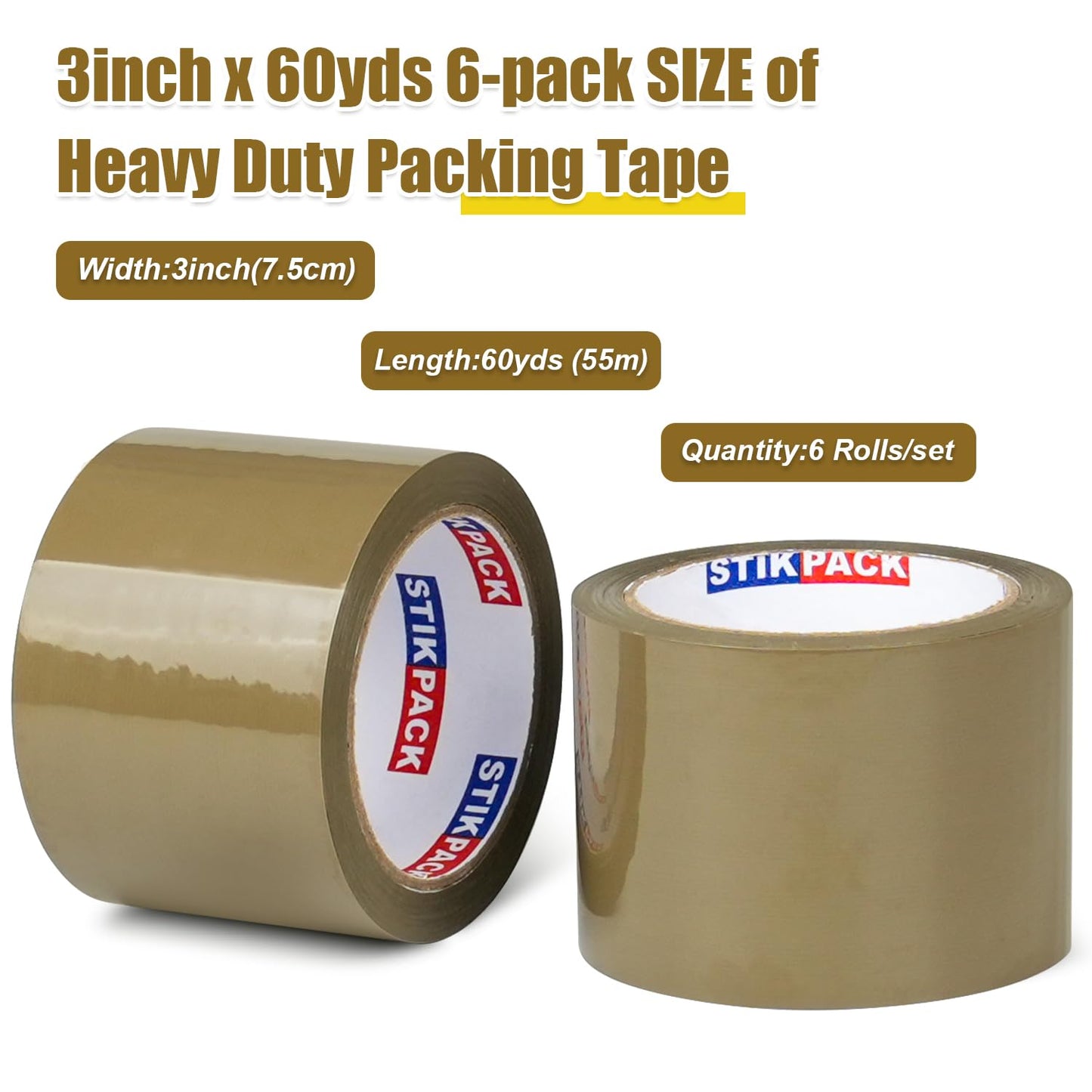STIKPACK Wide Brown Packing Tape 6 Rolls, Total 360Y - 3 inch x 60 Yards, 2.4 mil Thick, 3 Inch Wide Brown Packaging Tape for Shipping, Mailing, Moving & Storage