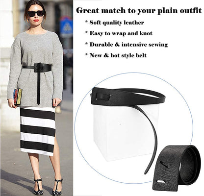 ALAIX Women's Leather Belt Dress Belt for Jeans Jumpsuit Coat Fashion Tie a Knot Genuine Leather Waist Belt Black