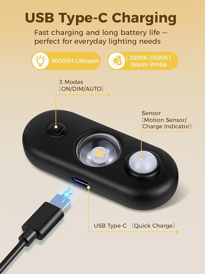 YGS-Tech LED Motion Sensor Light Indoor, Rechargeable Puck Lights, Magnetic Dimmable Under Cabinet Light, Wireless LED Lights for Closet, Kitchen, Stairs, Warm White, 6-Pack (Black)