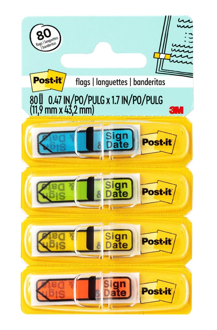Post-it Message Flags, Sign and Date, 30/Dispenser, 4 Dispensers/Pack, .47 in Wide, Assorted Colors (684-SD) (3 Pack)