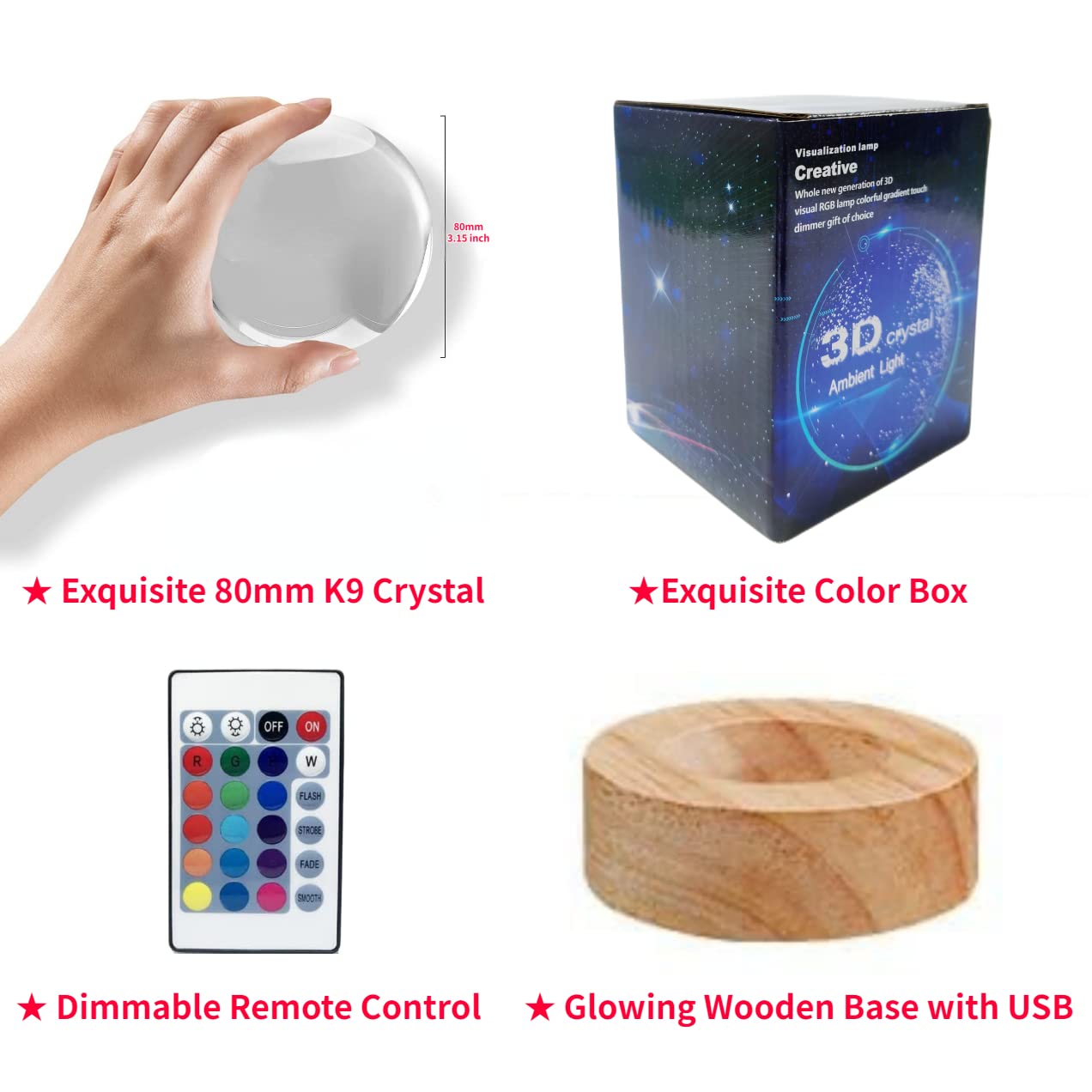 Conalisk 3D Four-Leaf Clover Crystal Ball Lamp,Lifelike 3D LED Clover Night Light,16 Colors Changing Light,Dimmable Remote Control,Clover Lamp Gift (Four-Leaf Clover)