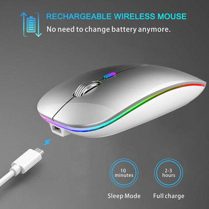 TENMOS Wireless Bluetooth Mouse, LED Slim (Bluetooth 5.1/5.0 + USB) 2.4GHz Rechargeable Silent Bluetooth Wireless Mouse with Type C Adapter for Laptop/MacBook/iPad OS 13 and Above (Matte Black)
