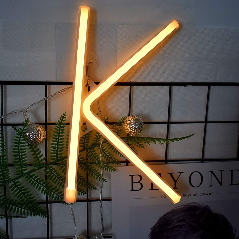 ENUOLI Neon Letter Sign Night Lights LED Warm White Alphabet Neon Art Lights Battery/USB Operated Neon Wall Decor Light up Words for Wedding Birthday Party Christmas Home Bar Decoration (K)