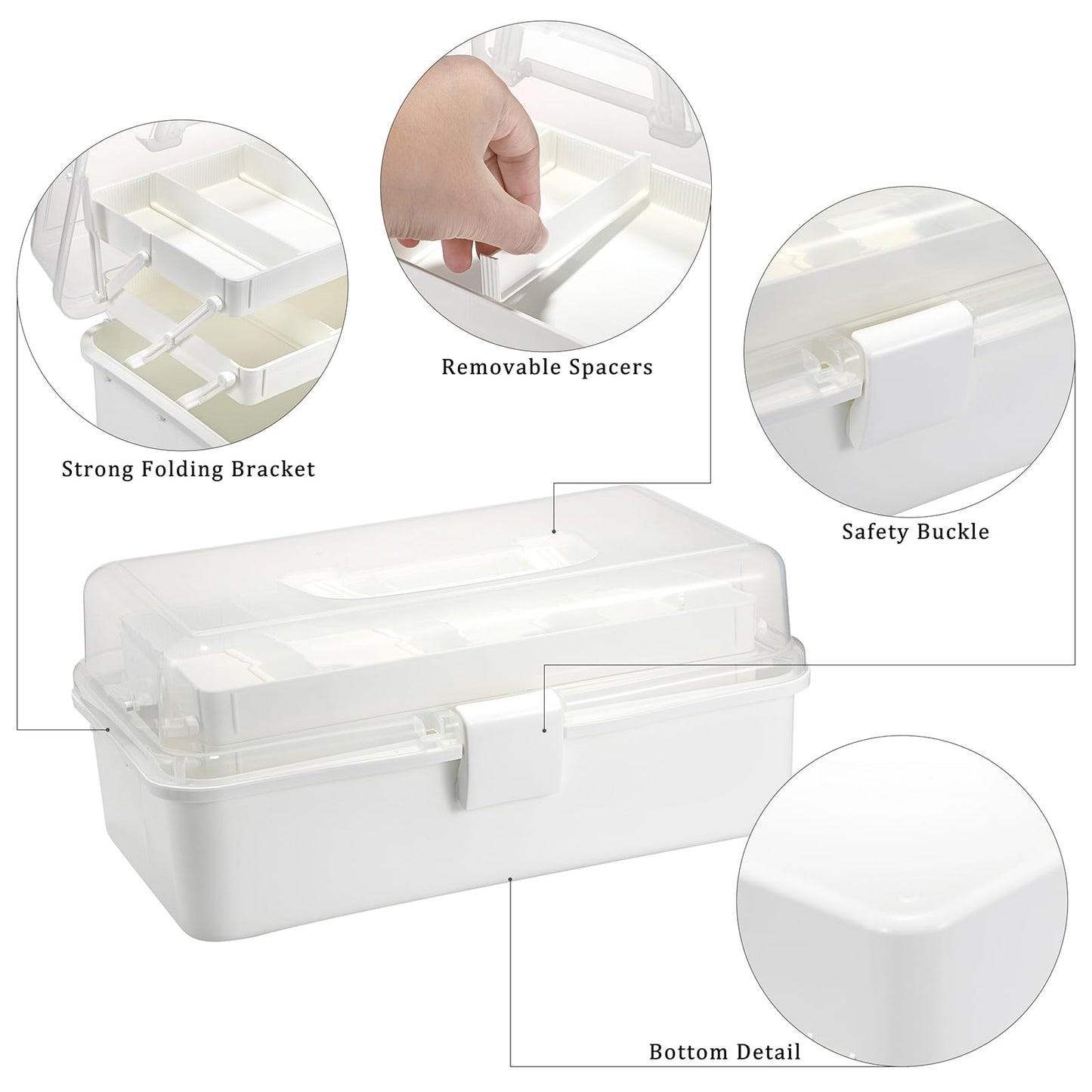 BTSKY 3-Layer Plastic Dividing Storage Box Craft Organizer with Adjustable Spacers Portable Handled Art Supply Organizer Multipurpose Home Utility Box for Medicine Box Sewing Box (Beige White)