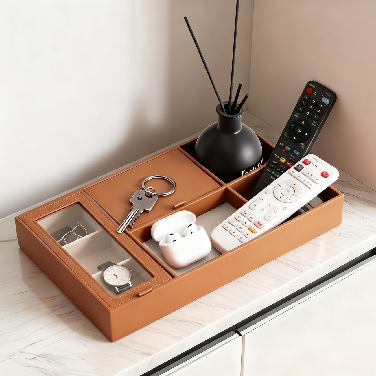 DAJYAWON PU Leather Valet Tray & Nightstand Jewelry Organizer - Multifunctional Catchall Dresser Top Box with Dust-Proof Flip Lid, Ring/Earring Compartments & Open Slots for EDC, Wallet, Keys, Watch
