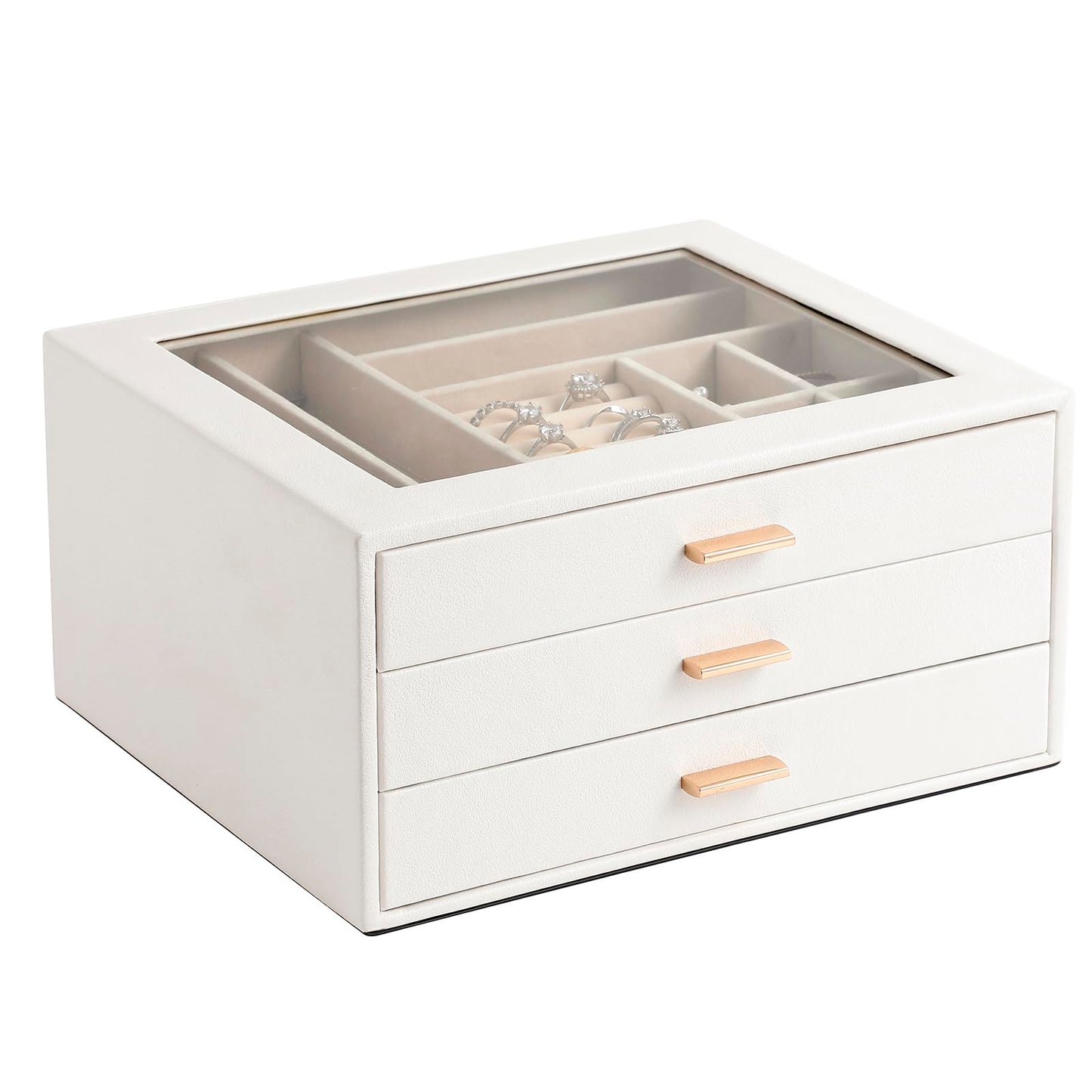 GLOBAL KA Jewelry Box with Glass Lid,3-Layer Jewelry Boxes for Women,PU Leather Jewelry Organizer with 20-Grid Earring Drawer & Movable Dividers for Necklaces Rings - Cloud White