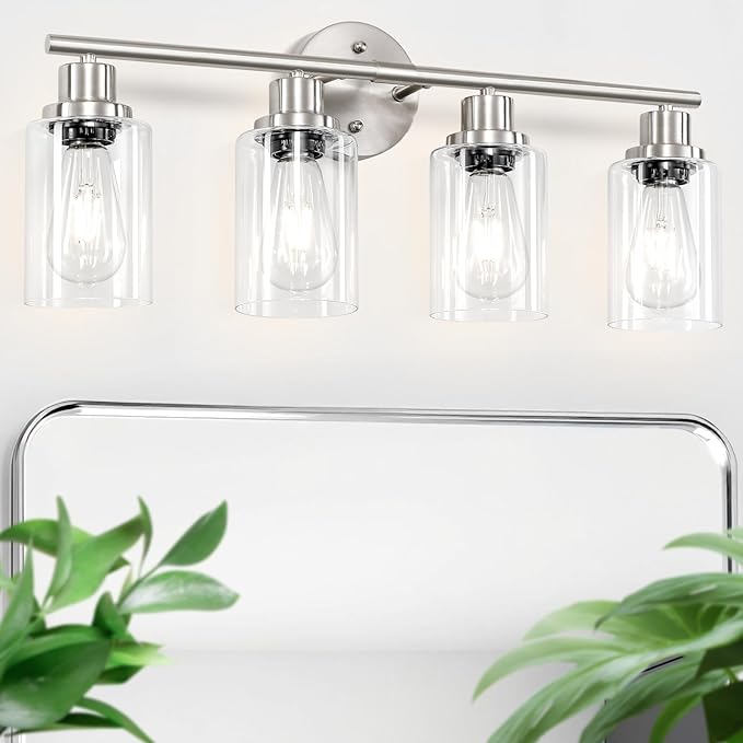 4-Light Nickel Bathroom Light Fixtures, E26 Modern Vanity Lights for Bathroom with Clear Glass Shade, Wall Lamps for Mirror Hallway Kitchen Cabinet Living Room Sconces Lights
