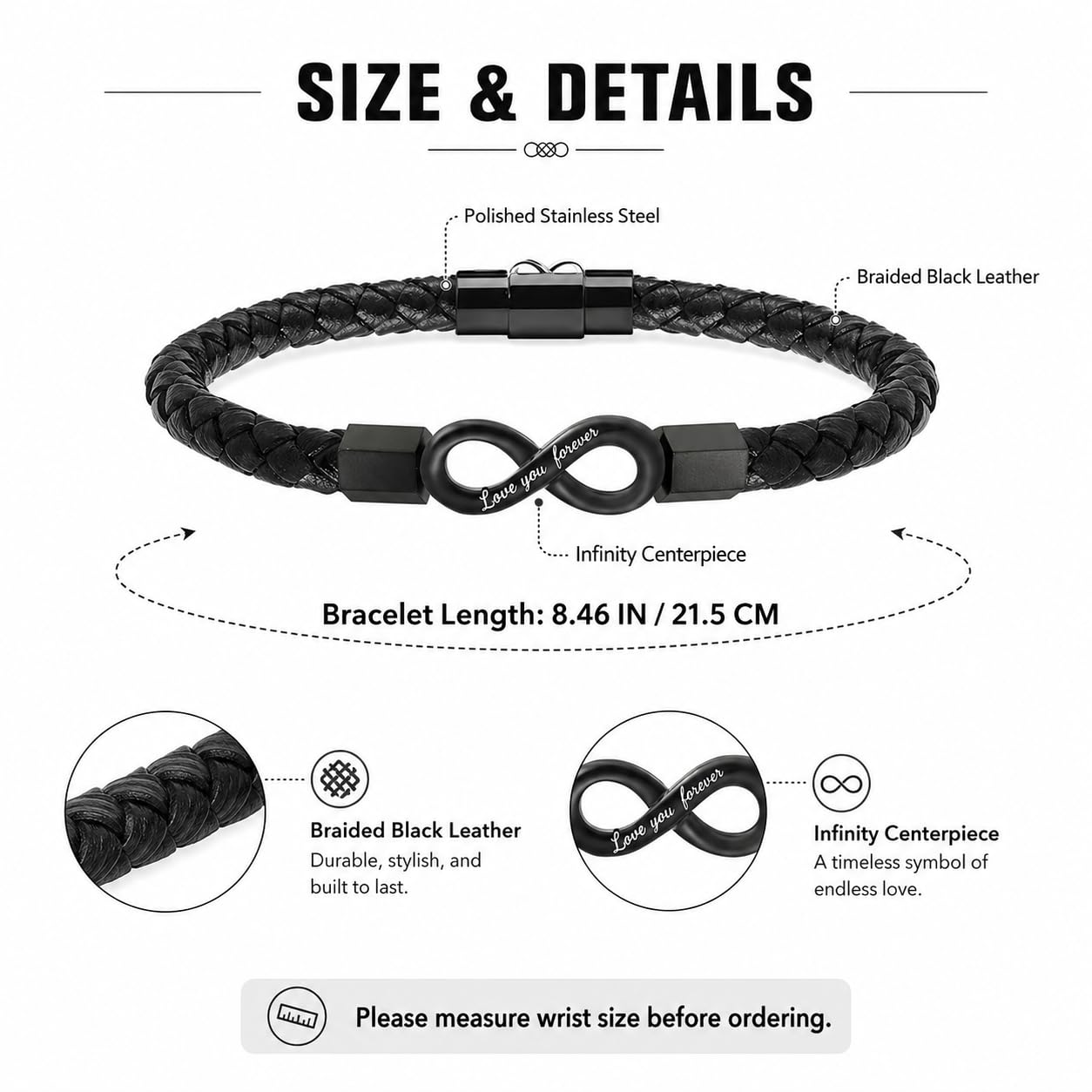 To My Husband Bracelet, Stainless Steel Engraved Love You Forever Black Braided Leather Promise Wristband Bracelets With Encouragement Message Card Anniversary Birthday Jewelry Gift (Husband Infinity-21)