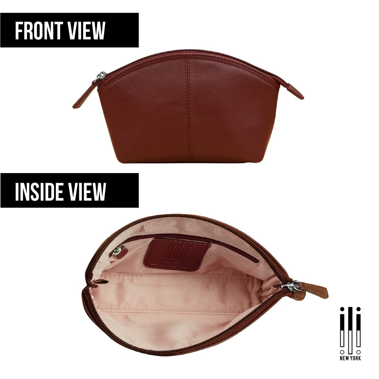 ili New York Genuine Leather Cosmetic Pouch – RFID Blocking, Leather Makeup Bag for Purse with Top Zip Closure & Interior Zip Pocket, Perfect as a Compact and Stylish Travel Cosmetic Bag