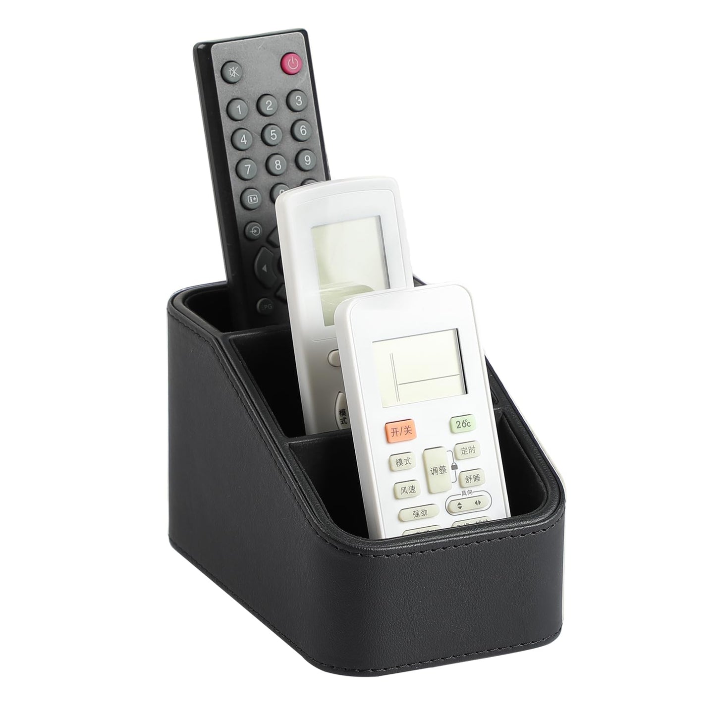 NICLNGSH PU Leather Remote Control Holder, Small Desk Organizer Office Supply Bedside Caddy for Nightstand End Table Couch, Pen Remote Organizer with 3 Compartments (Black)