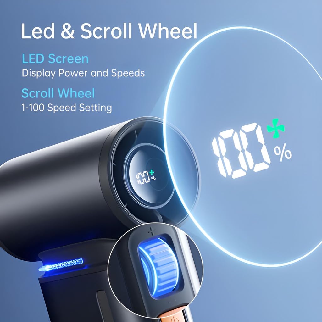 JISULIFE Portable Handheld Turbo Fan, 100 Speeds Adjustable Mini Personal Fan, 9000mAh USB Rechargeable Battery Operated, LED Display, Metal Shell with Accessories Gifts for Men Women Travel- Grey