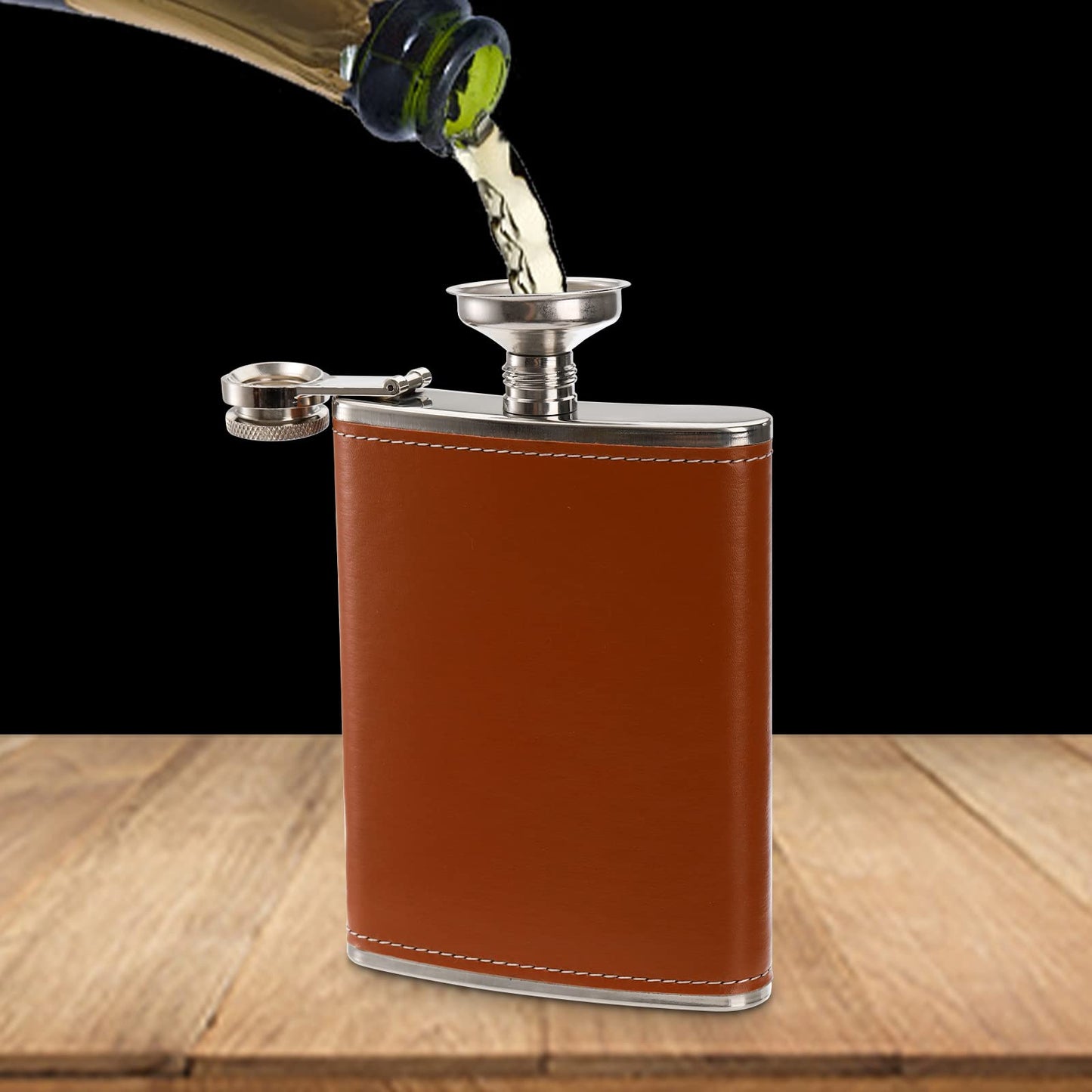 Suwimut 6 Pack Hip Flask for Liquor for Men Women, 8 oz Leak Proof Stainless Steel Pocket Hip Flask with Brown Leather Cover and Funnel for Drinking of Alcohol, Whiskey, Rum and Vodka