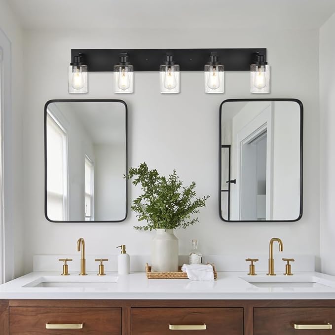 5-Lights Farmhouse Bathroom Vanity Light in Black Finish Wall Mount Lighting Fixtures with Seeded Glass for Mirror Cabinet Kitchen Bedroom
