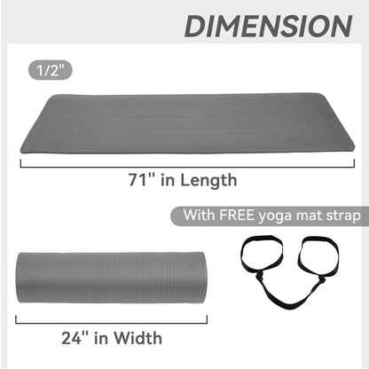 Fitvids All Purpose 1/2-Inch Extra Thick High Density Anti-Tear Exercise Yoga Mat with Carrying Strap, Gray