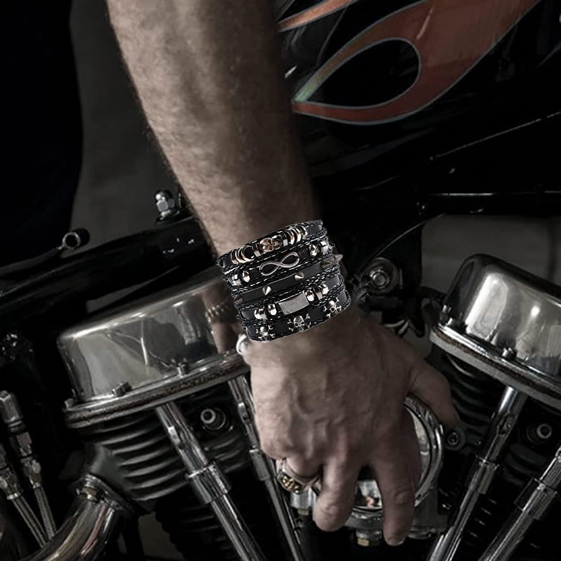 WAINIS 6 Pack Mens Black Leather Bracelets Set for Men Stackable Braided Cuff Bracelet Tribal Punk Rock Handmade Wristband