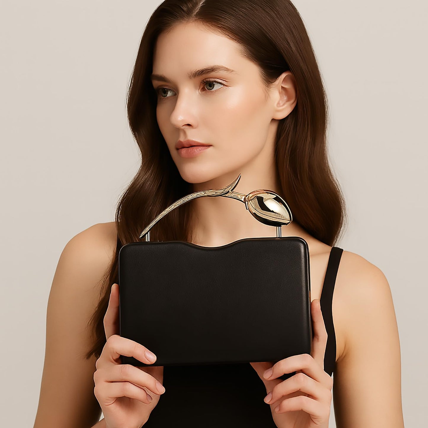 louceko PU Leather Handbag Detachable Chain Crossbody Shoulder Evening Bag Clutch Purse for Women Formal Wedding Party Prom, Metal Rose Handle, Black, 2510