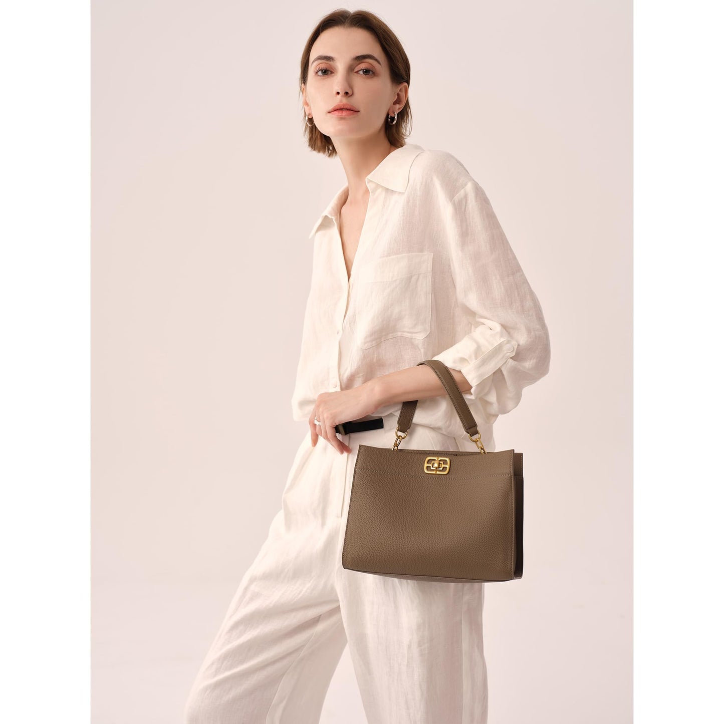 ELLE Women's Structured Full Grain Leather Top Handle Bag with Detachable Strap