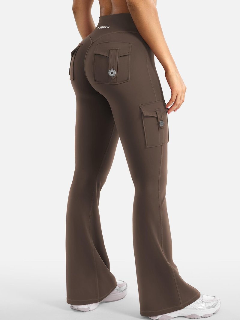 YEOREO CoreFlex Women Workout Flare Leggings with Pockets Hidden Scrunch High Waisted Cargo Gym Yoga Leggings Coffee S
