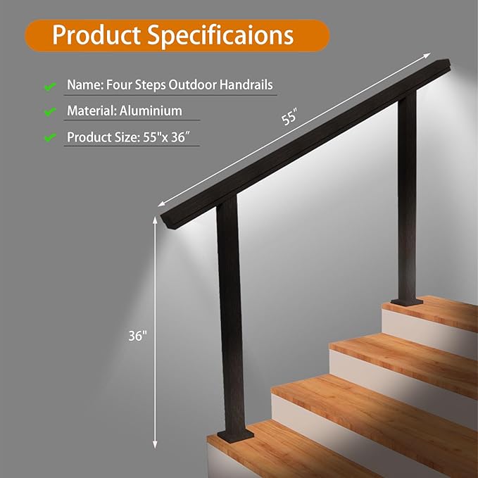 Outdoor Stair Railing Kit with LED Lighting - Aluminum Handrail for 3-4 Steps, Waterproof & Easy Install for Deck, Porch, Garden