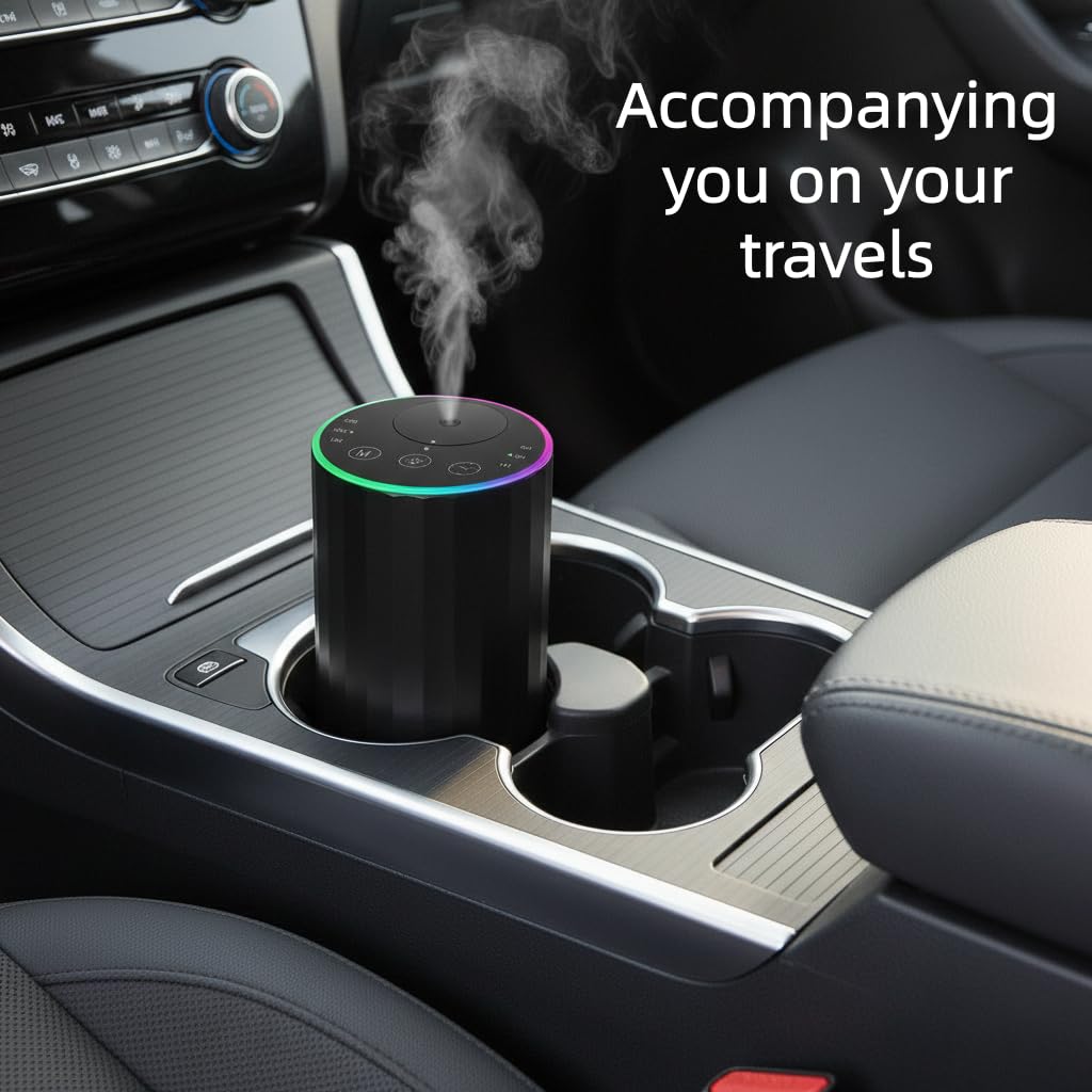 Waterless Essential Oil Diffuser, 7 Colors LED Light, Battery Powered Mini Scent Air Machine, Aromatherapy Mist Diffuser for Home Room Car Office，Black Aluminum Alloy (Black) (Black)