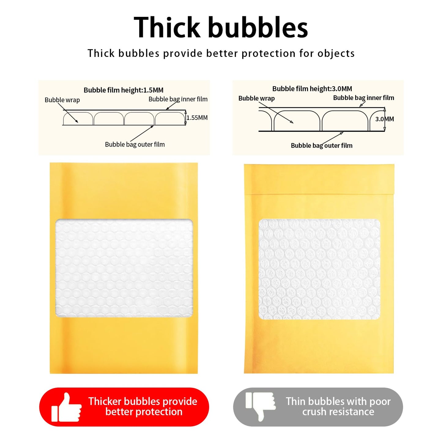 Dasen Kraft Bubble Mailers 10.5x15 Inch 50 Pcs,Small Self-Sealing Waterproof Cushioned Mail Shipping Bags,Yellow Padded Envelopes #5