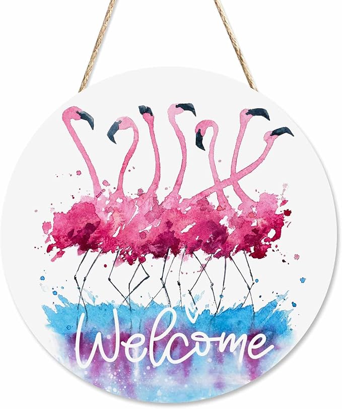 12in Welcome Door Hanger Door Sign Watercolor Pink Flamingo Wood Panel Sign Home Porch Farmhouse Outdoor Indoor Festival Present