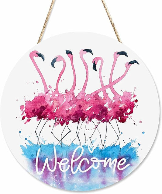 12in Welcome Door Hanger Door Sign Watercolor Pink Flamingo Wood Panel Sign Home Porch Farmhouse Outdoor Indoor Festival Present