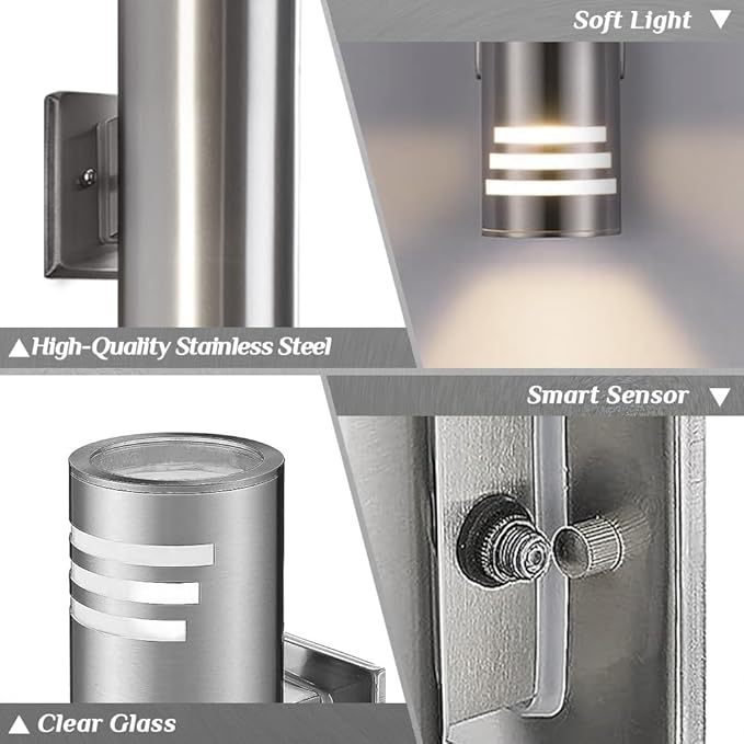 SHIMR Modern Outdoor Wall Lights Dusk to Dawn 2 Pack, Exterior Lighting Fixtures Stainless Steel with Brushed Nickel Finsh, Waterproof Up and Down Outside Lights for House, LED Bulbs Include