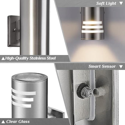 SHIMR Modern Outdoor Wall Lights Dusk to Dawn 2 Pack, Exterior Lighting Fixtures Stainless Steel with Brushed Nickel Finsh, Waterproof Up and Down Outside Lights for House, LED Bulbs Include