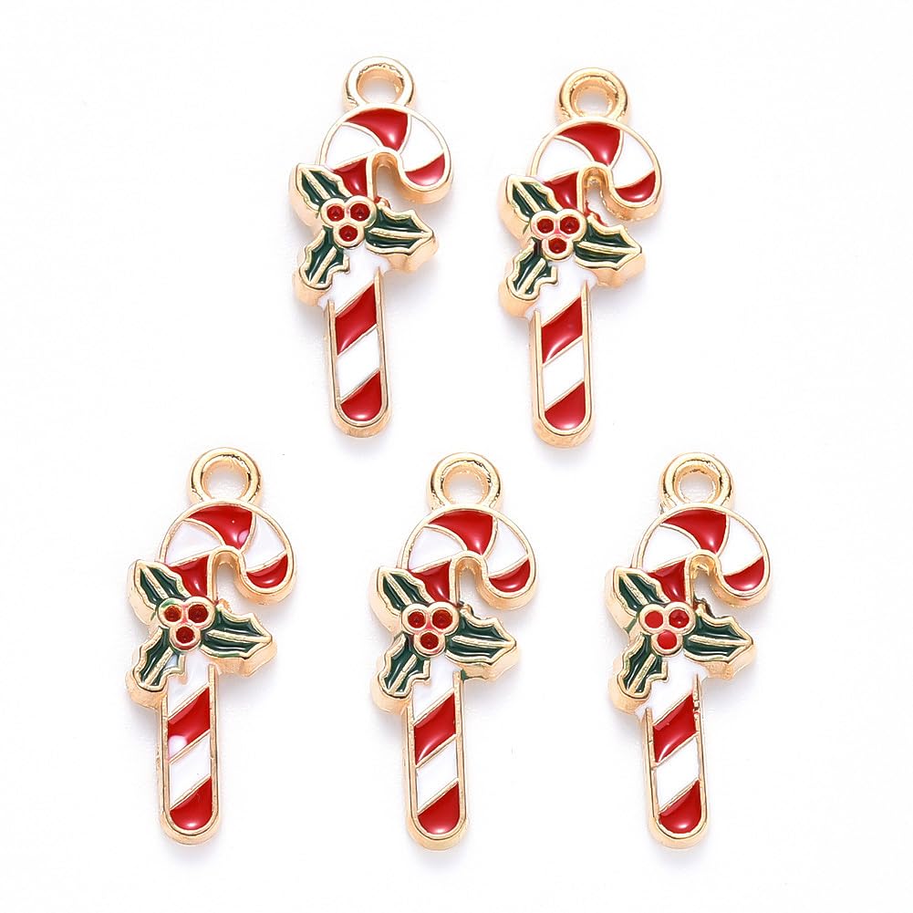 Stiesy 100Pcs Holly Candy Cane Charms Pendants Red Enamel Gold Plated Christmas Charms Bulk for DIY Ornament Craft Supply Jewelry Making