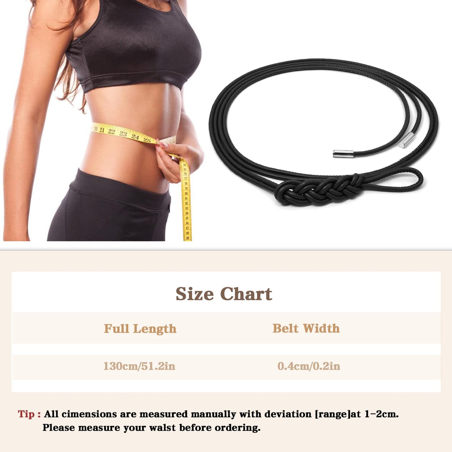 BAOKELAN Women Knot Thin Belts Skinny PU Leather Belts Boho Waist Belt for Dresses Black 130CM