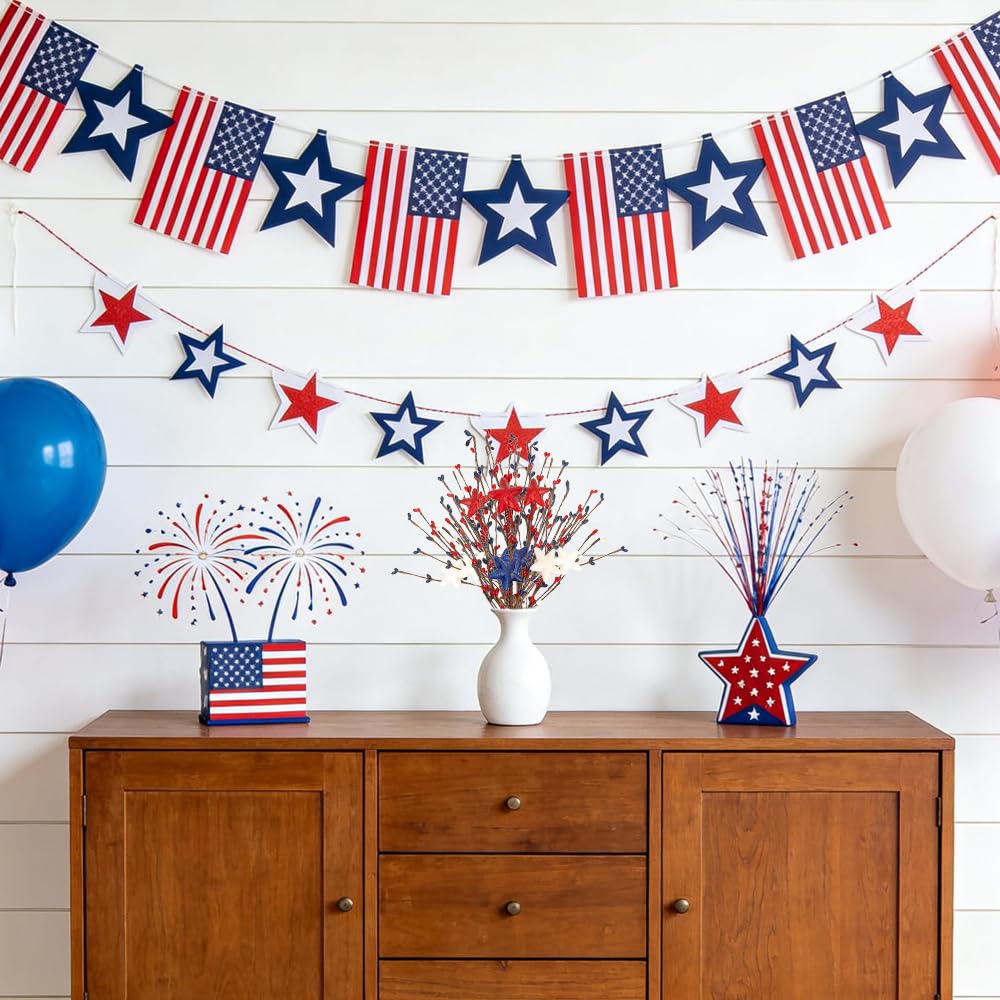 Independence Day Decorations, Artificial Patriotic Floral Picks with Blue Red White Berries 17 Inch Star Berry Stems for 4th of July Independence Day Patriotic Party Home Table Centerpiece Decor
