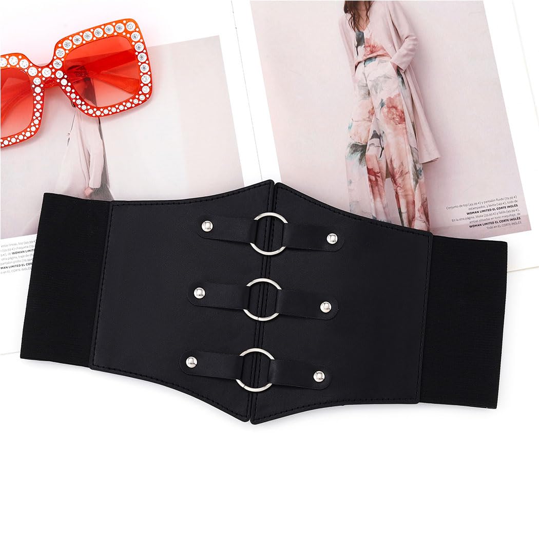 Urieo O-ring Black Corset Belt Leather Elastic Waist Cincher Belts Wide Stretch Halloween Costume Dresses Waspie Belt for Women